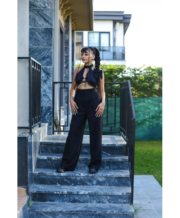 Siyah Beli Pileli Palazzo Pantolon