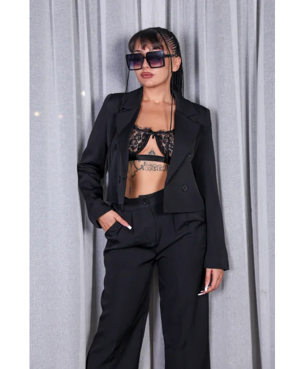 Siyah Pens Detaylı Pantolon ve Ceket Takımı