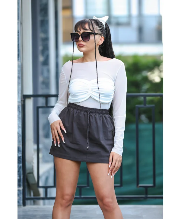 BEYAZ TÜL DETAY CROP TOP