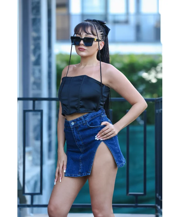 ÇİFT YIRTMAÇLI DENİM ETEK