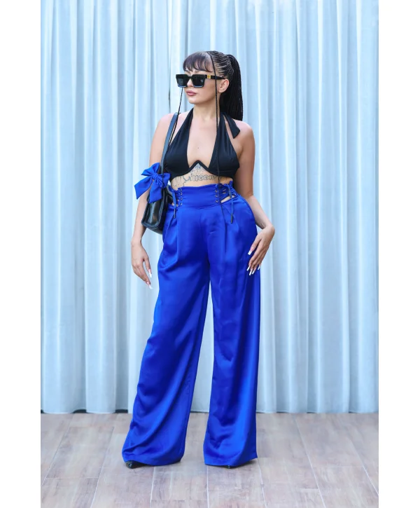 MAVİ BAĞLAMA DETAYLI SATEN PANTOLON