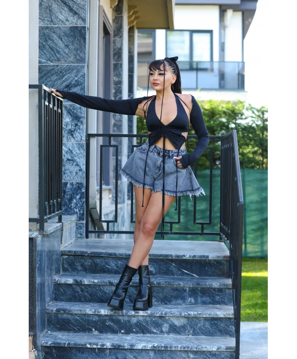 SİYAH BOLERO ASKILI CROP TOP