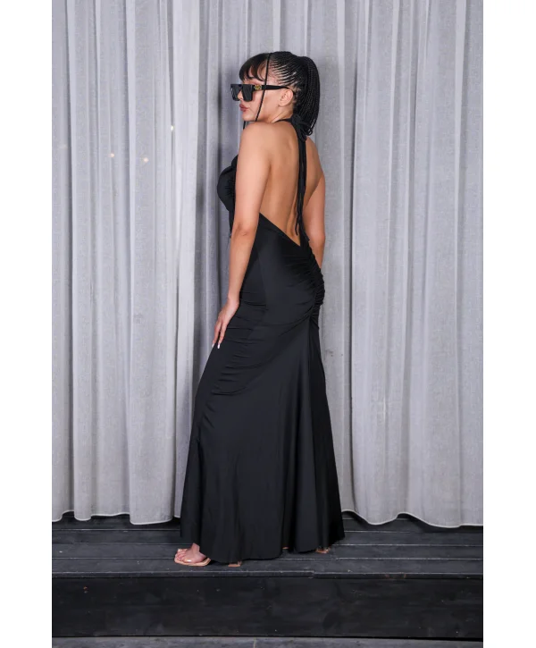SİYAH SIRT DEKOLTE UZUN ELBİSE