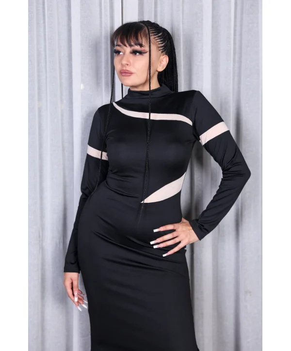 SİYAH TRANSPARAN DETAYLI ELBİSE