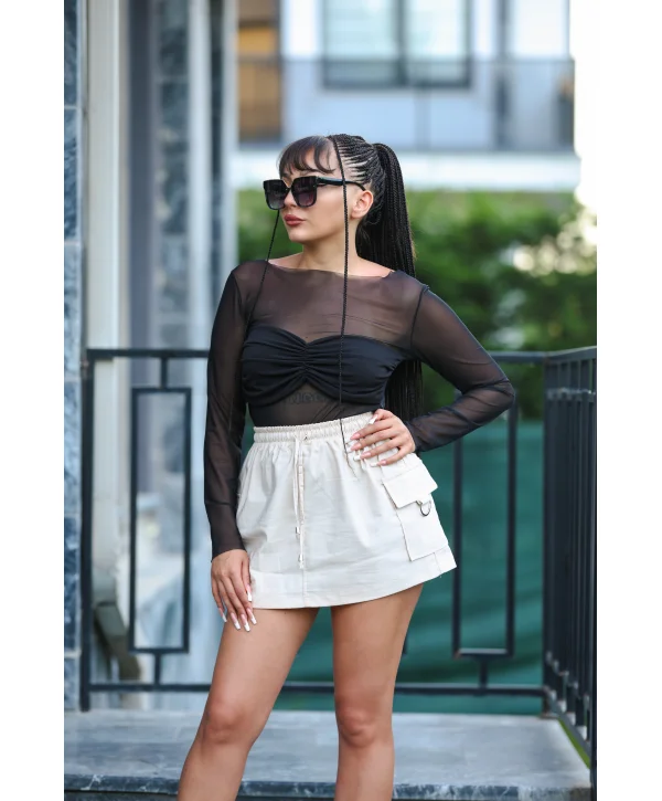 SİYAH TÜL DETAY CROP TOP