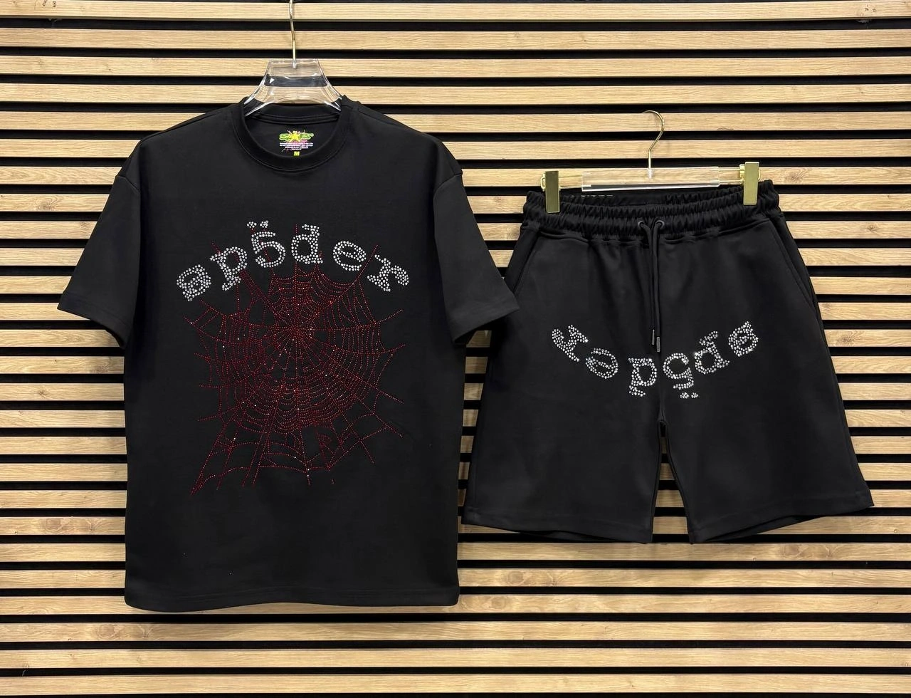 Spider Taşlı T-shirt & Şort Takımı - Siyah