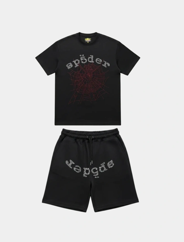 Spider Taşlı T-shirt & Şort Takımı - Siyah