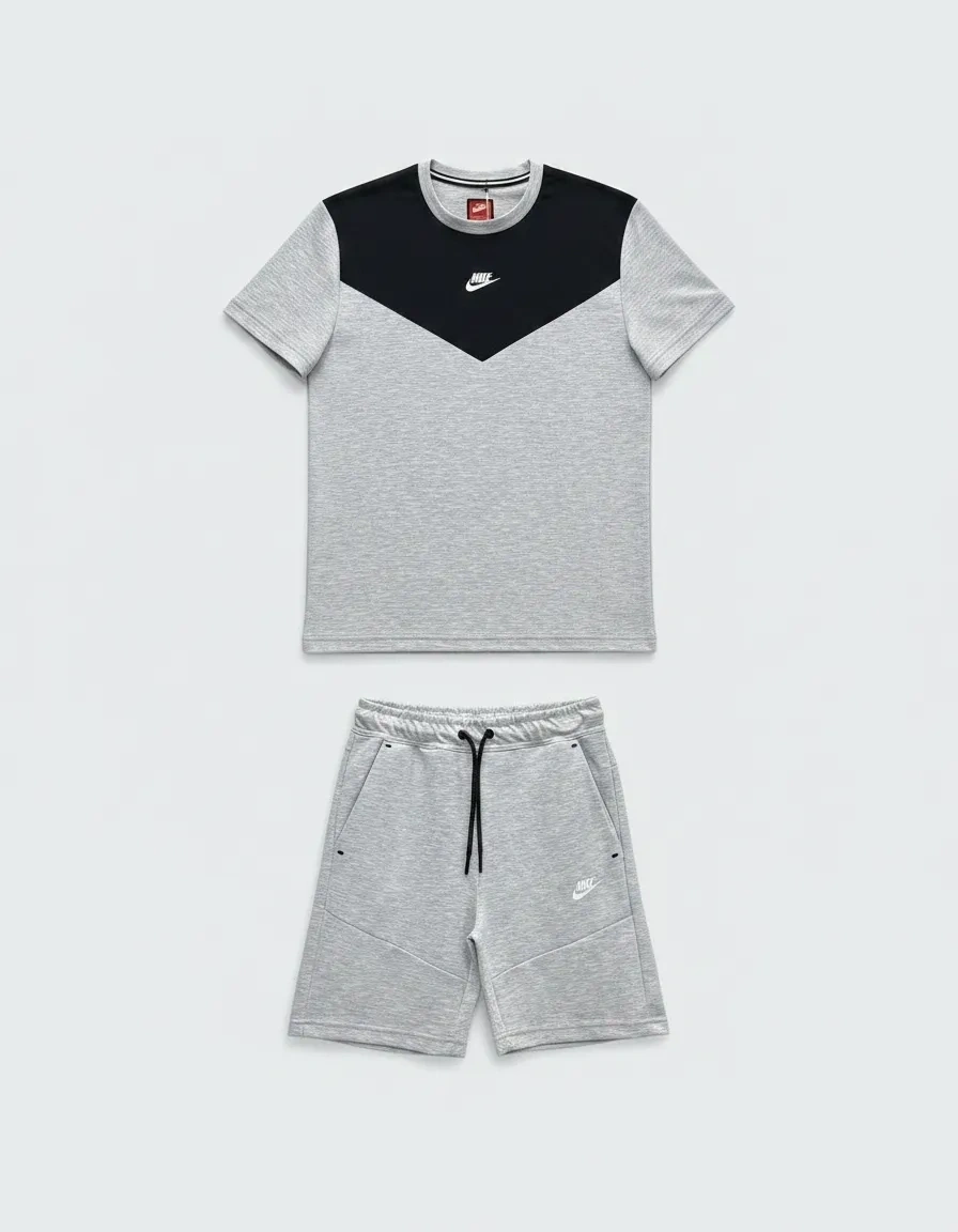 NSW Tech Fleece Şort & T-shirt Takımı – Siyah/Gri