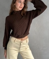 Pullaps Balıkçı Yaka Dokulu Crop Bluz Kahve