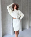 Pullaps Balıkçı Yaka Yarasa Kol Bluz Ve Etek İkili Triko Takım Beyaz