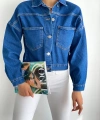 Pullaps Düz Cepli Denim Crop Ceket Mavi