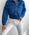 Pullaps Düz Cepli Denim Crop Ceket Mavi