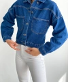 Pullaps Düz Cepli Denim Crop Ceket Mavi