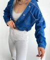 Pullaps Düz Cepli Denim Crop Ceket Mavi