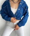 Pullaps Düz Cepli Denim Crop Ceket Mavi