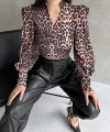 Pullaps Hakim Yaka Leopar Desenli Dalgıç Bluz Siyah