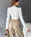 Kruvaze Yaka Beli Kuşaklı Crop Bluz