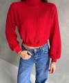 Pullaps Balıkçı Yaka Dokulu Crop Bluz Kırmızı