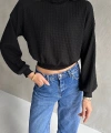 Pullaps Balıkçı Yaka Dokulu Crop Bluz Siyah