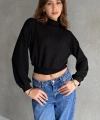 Pullaps Balıkçı Yaka Dokulu Crop Bluz Siyah