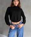 Pullaps Balıkçı Yaka Dokulu Crop Bluz Siyah