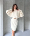 Pullaps Balıkçı Yaka Yarasa Kol Bluz Ve Etek İkili Triko Takım Krem