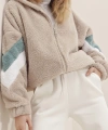 Pullaps Bej Kapüşonlu Fermuarlı Kolları Renk Bloklu Oversize Peluş Sweatshirt