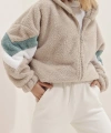 Pullaps Bej Kapüşonlu Fermuarlı Kolları Renk Bloklu Oversize Peluş Sweatshirt