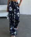 Pullaps Beli Lastikli Saten Palazzo Pantolon Lacivert Desenli