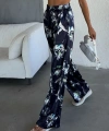 Pullaps Beli Lastikli Saten Palazzo Pantolon Lacivert Desenli