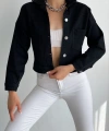 Pullaps Düz Cepli Denim Crop Ceket Siyah