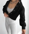 Pullaps Düz Cepli Denim Crop Ceket Siyah