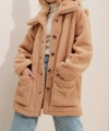 Pullaps Çift Cepli Önü Düğmeli Oversize Peluş Ceket Camel