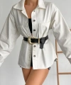 Pullaps Çift Cepli Oversize Denim Gömlek Ceket Beyaz