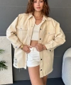 Pullaps Çift Cepli Yırtık Detaylı Oversize Gömlek Ceket Bej