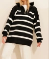 Pullaps Fermuarlı Çizgili Triko Kışlık Kazak Siyah
