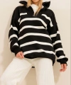 Pullaps Fermuarlı Çizgili Triko Kışlık Kazak Siyah