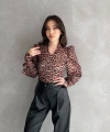 Pullaps Hakim Yaka Leopar Desenli Dalgıç Bluz Kahve