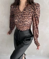 Pullaps Hakim Yaka Leopar Desenli Dalgıç Bluz Kahve