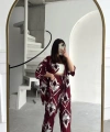Pullaps Kimonolu Pantolonlu Şal Desenli Gofre Takım Bordo