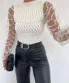 Pullaps Kol Tül Detaylı Bisiklet Yaka Triko Kazak Ekru