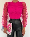 Pullaps Kol Tül Detaylı Bisiklet Yaka Triko Kazak Pembe