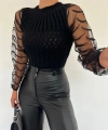 Pullaps Kol Tül Detaylı Bisiklet Yaka Triko Kazak Siyah