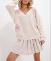 Pullaps Krem Çiçek Desenli Düğmeli Triko Hırka
