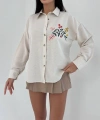 Pullaps Önü Çİçek Nakışlı Keten Salaş Gömlek