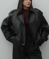 Pullaps Oversize Deri Kısa Mont Siyah