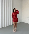 Pullaps Payetli Midi Elbise Kırmızı