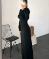 Pullaps Sıfır Yaka Uzun Kollu Düz Elbise Siyah