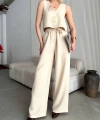 Pullaps Yelek Pantolon Keten İkili Takım Bej