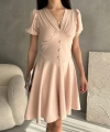 V Yaka Düğme Detaylı Karpuz Kol Crep Elbise